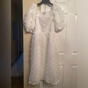 Polagram white textured dress with puff sleeves